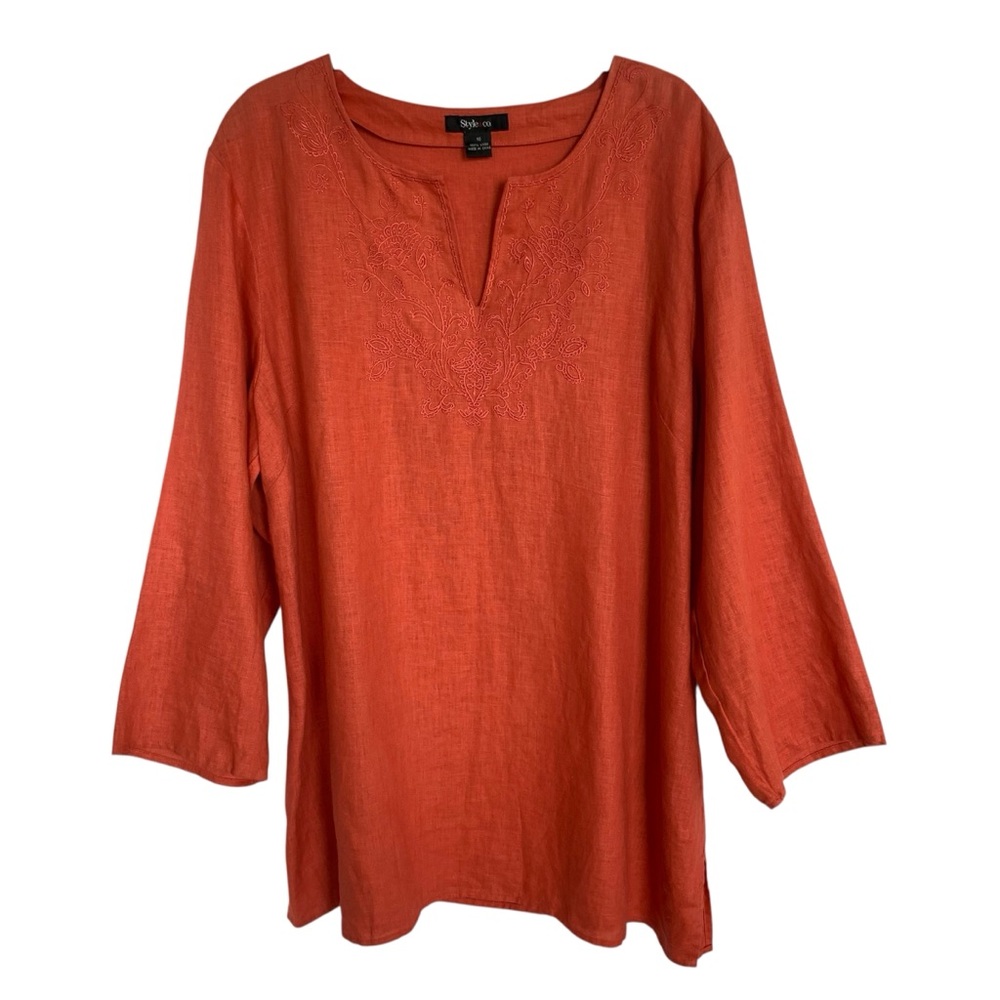 Style & Co Womens 16 Linen Tunic Top Burnt Orange Rust Long Sleeve Embroidered